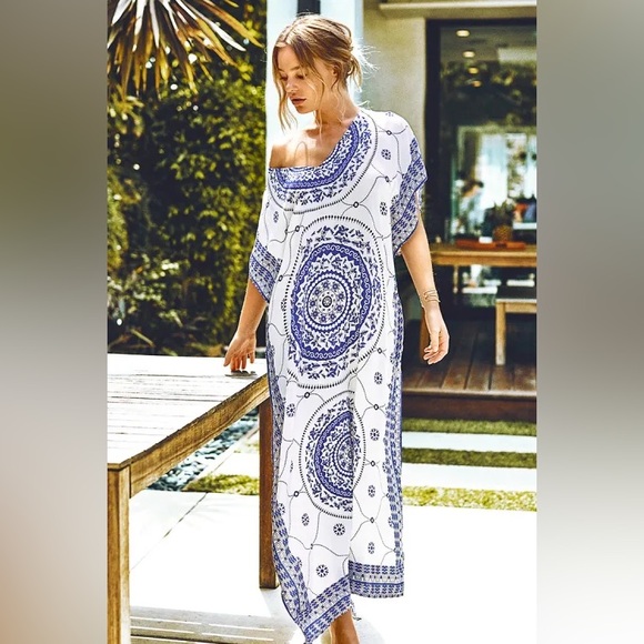 Cupshe Other - Cupshe Women’s Maxi Swim Cover Up Boho Print Bat Sleeve Blue/White